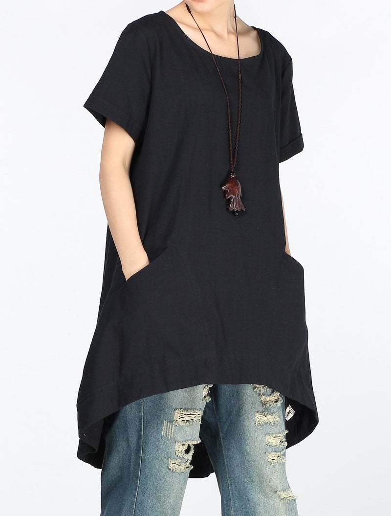 Minibee Women's Cotton Linen Short Sleeve Tunic/Top Tees (XXL, Black) - Image 3
